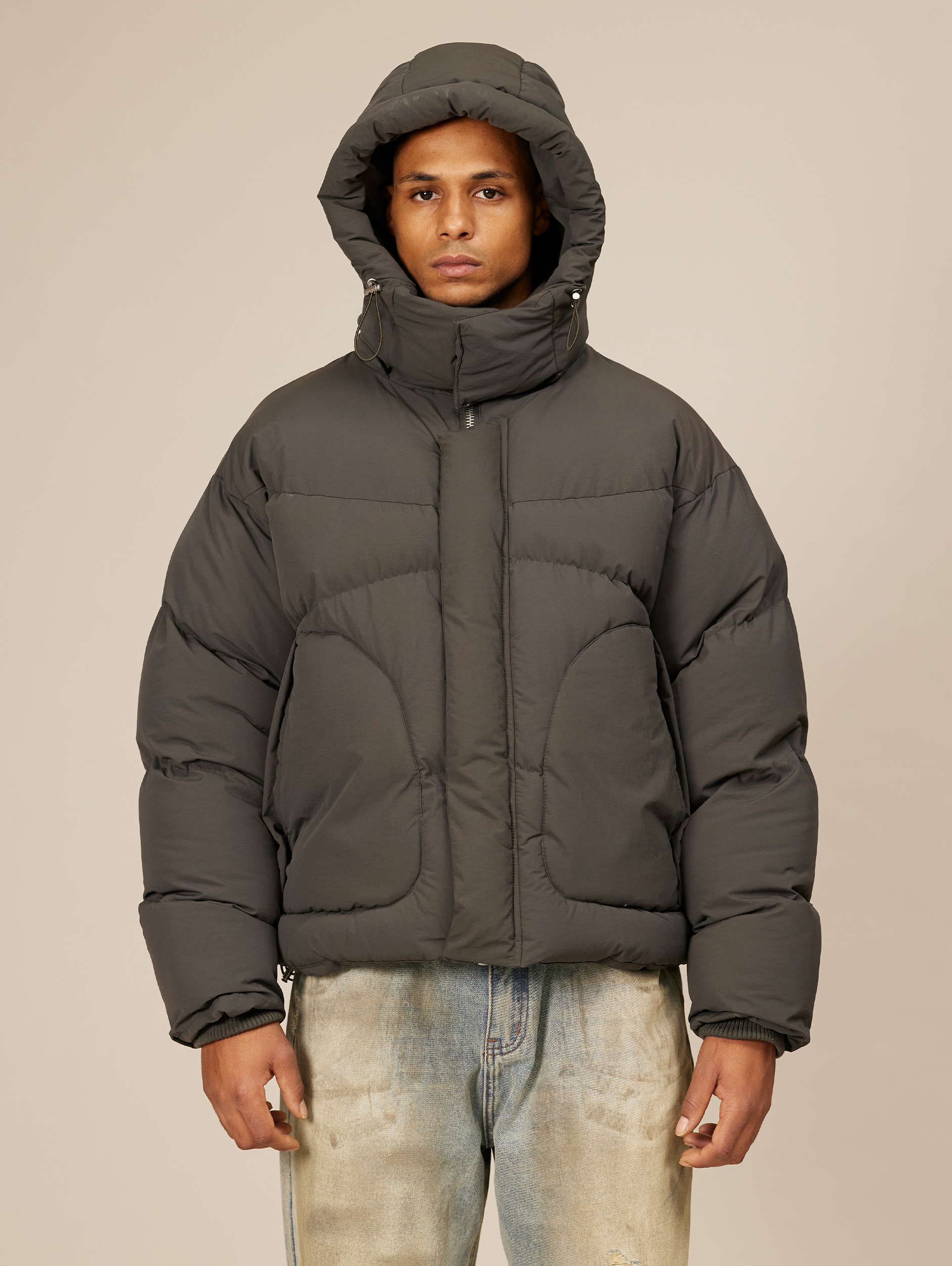 HOODED GRAY PUFFER JACKET DARK GREY OVERSIZED DROPPED SHOULDER