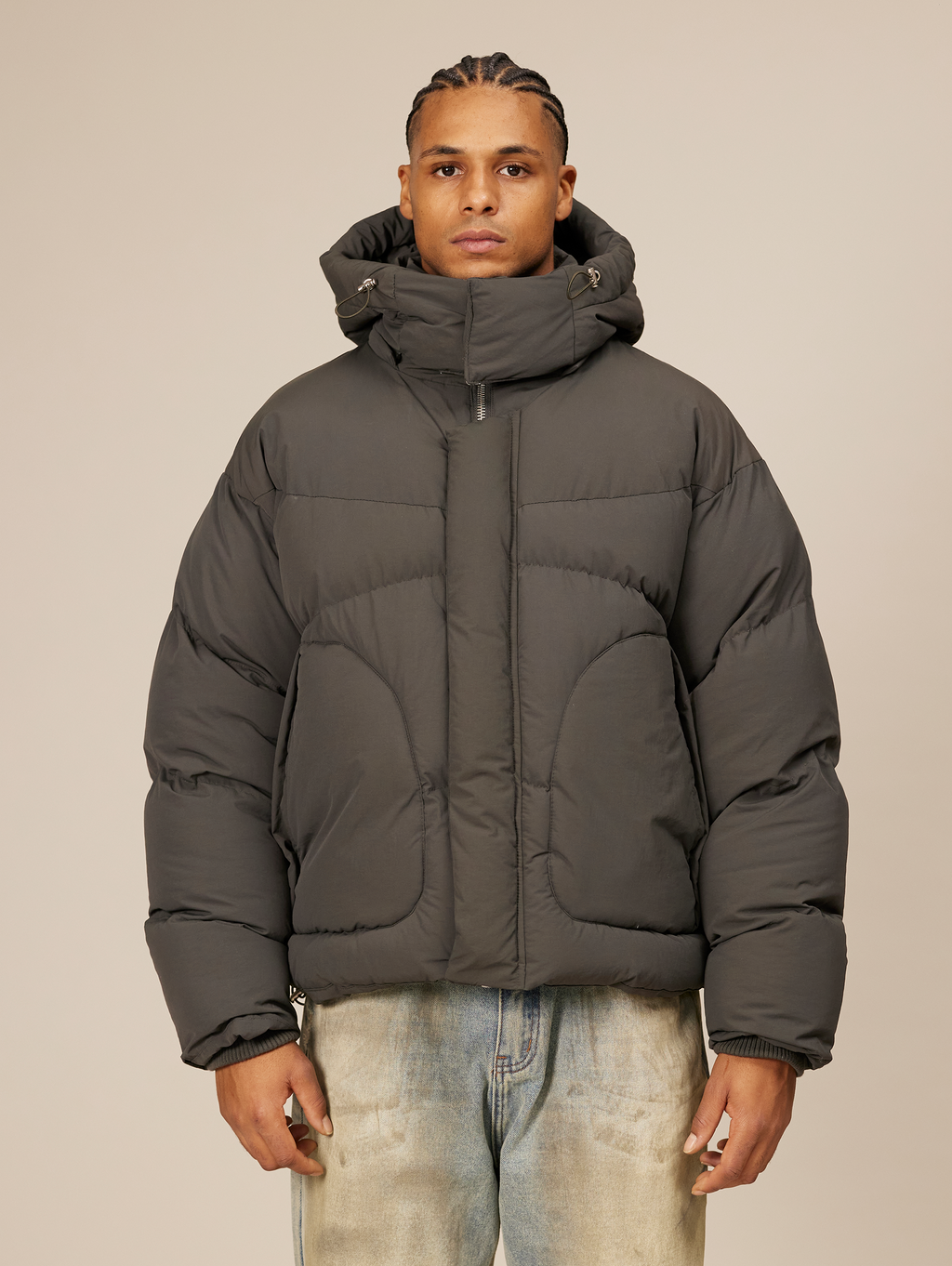 HOODED GRAY PUFFER JACKET DARK GREY OVERSIZED DROPPED SHOULDER