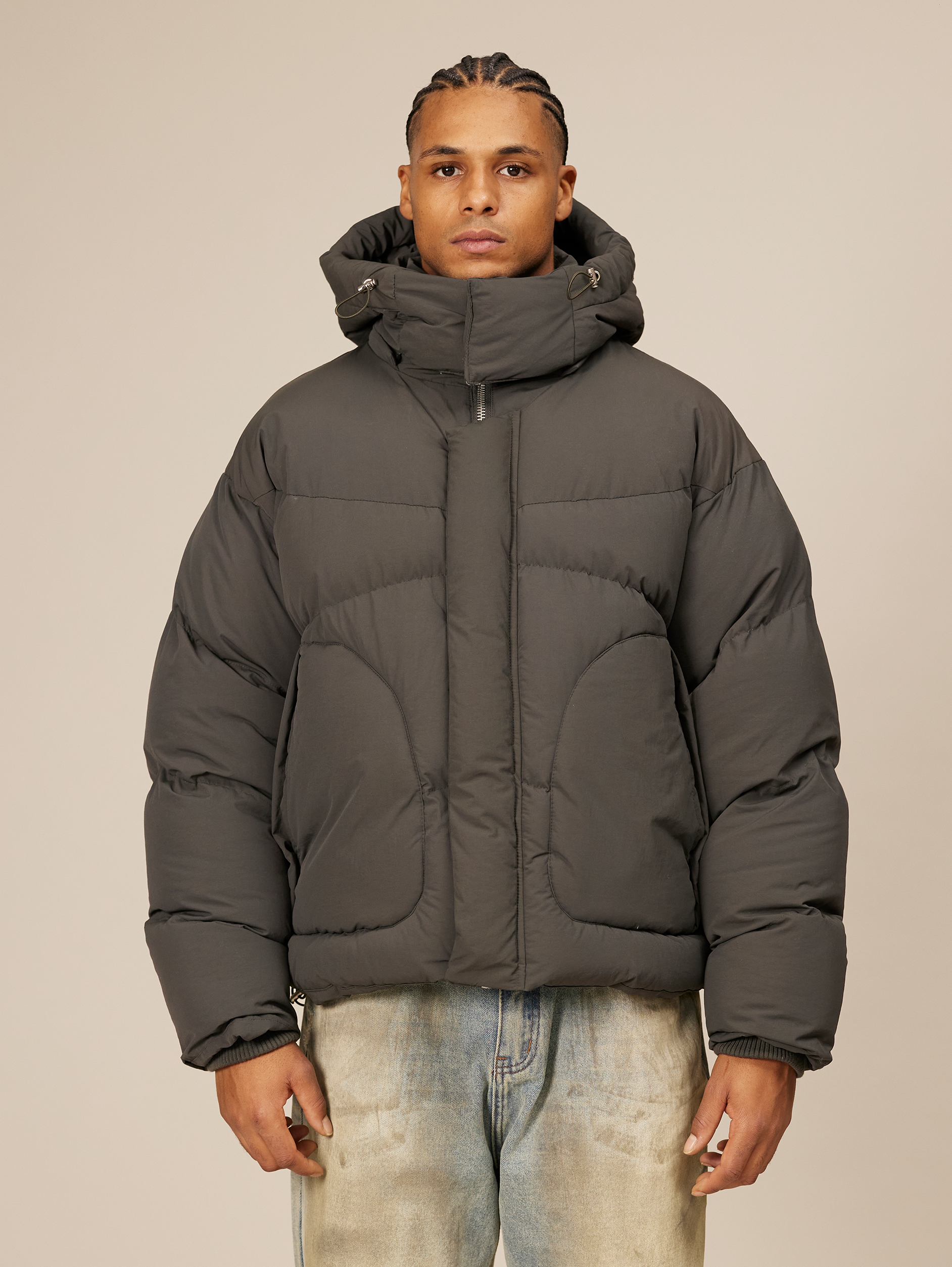 HOODED GRAY PUFFER JACKET DARK GREY OVERSIZED DROPPED SHOULDER