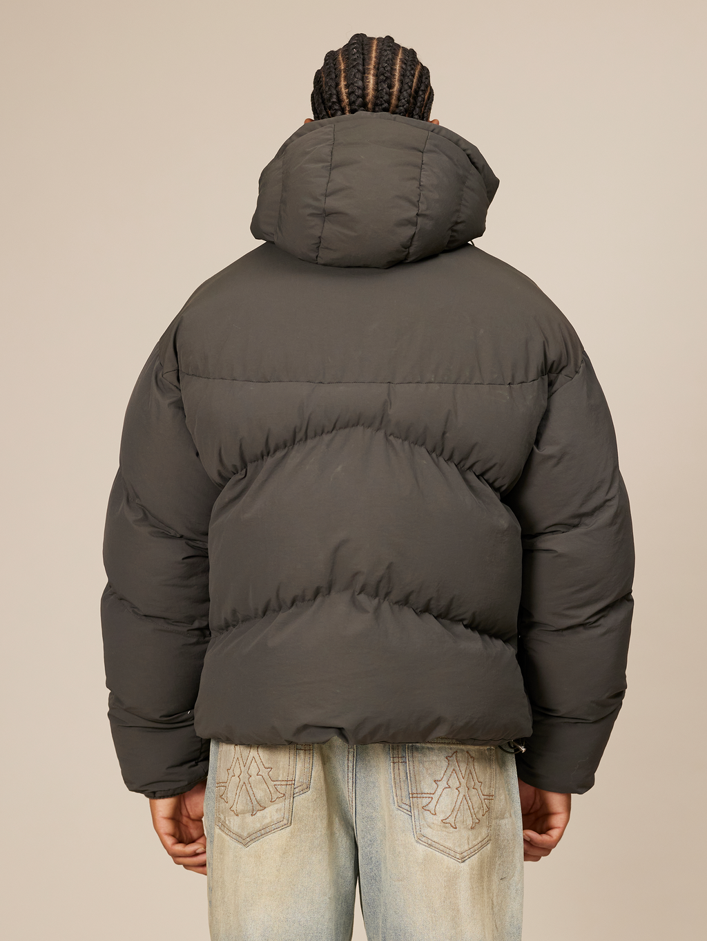 HOODED GRAY PUFFER JACKET DARK GREY OVERSIZED DROPPED SHOULDER