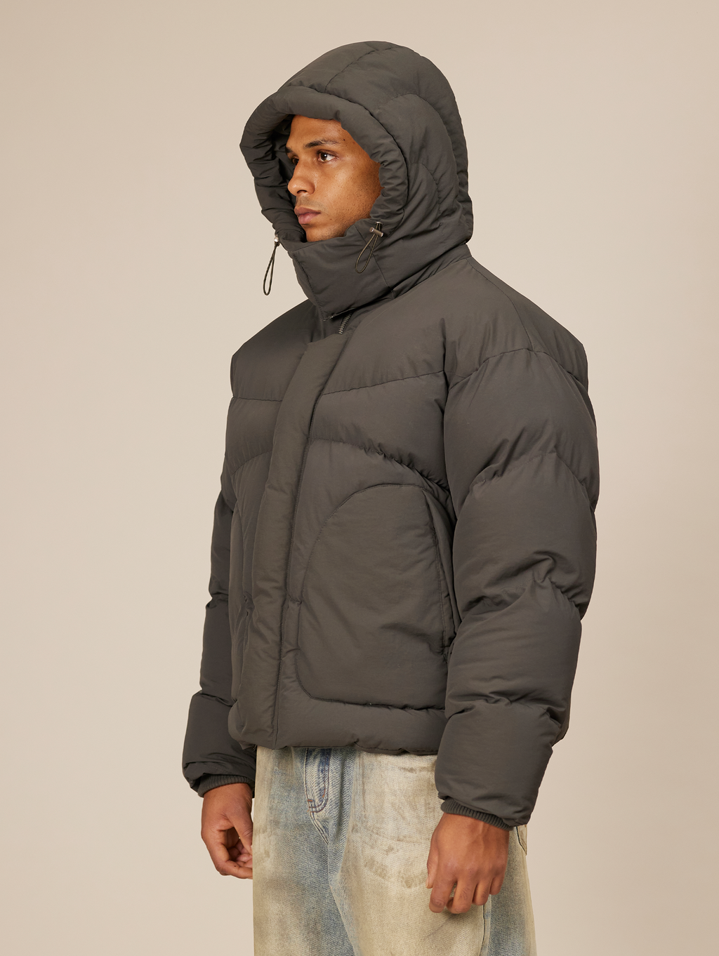 HOODED GRAY PUFFER JACKET DARK GREY OVERSIZED DROPPED SHOULDER