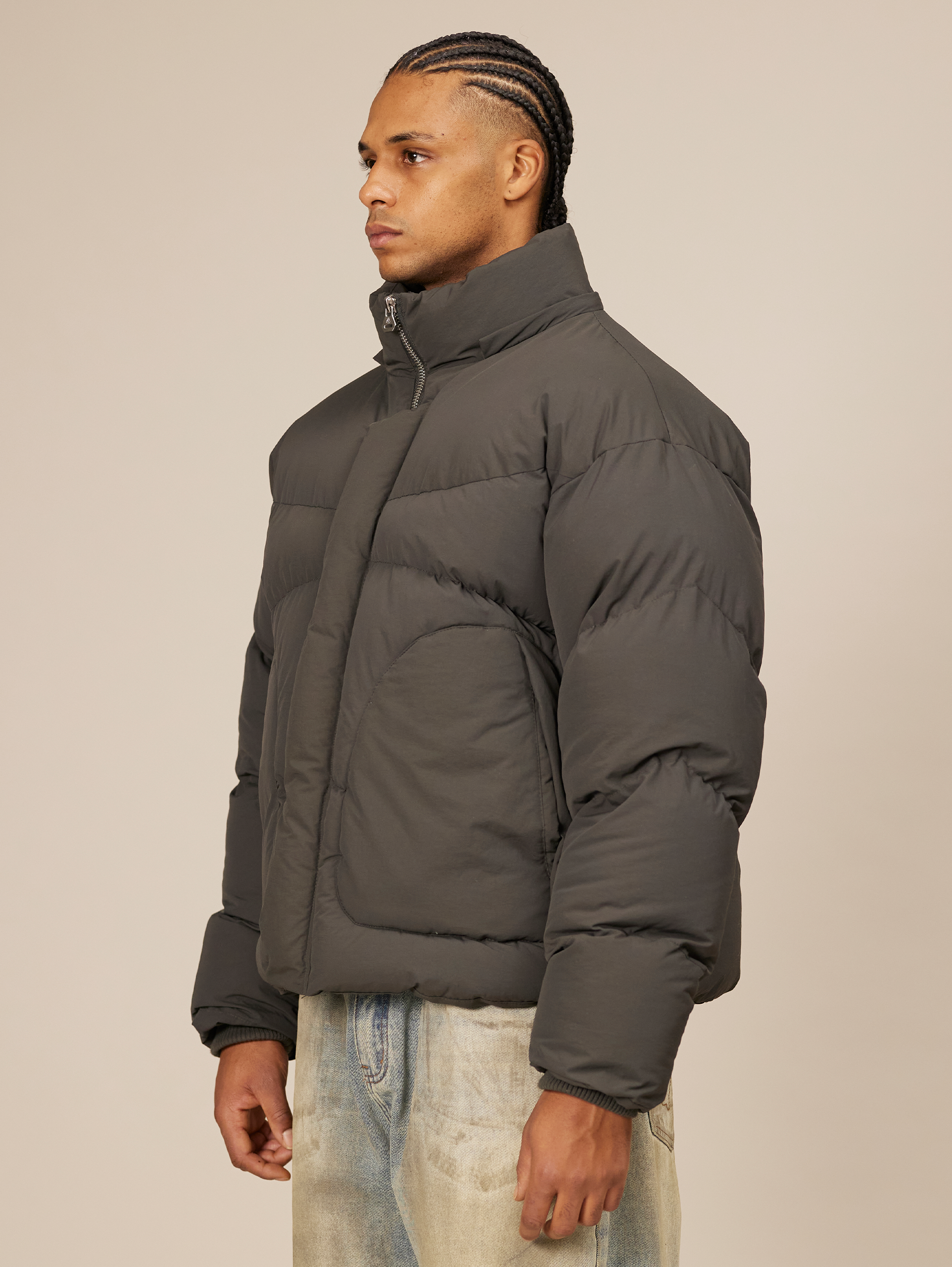 HOODED GRAY PUFFER JACKET DARK GREY OVERSIZED DROPPED SHOULDER