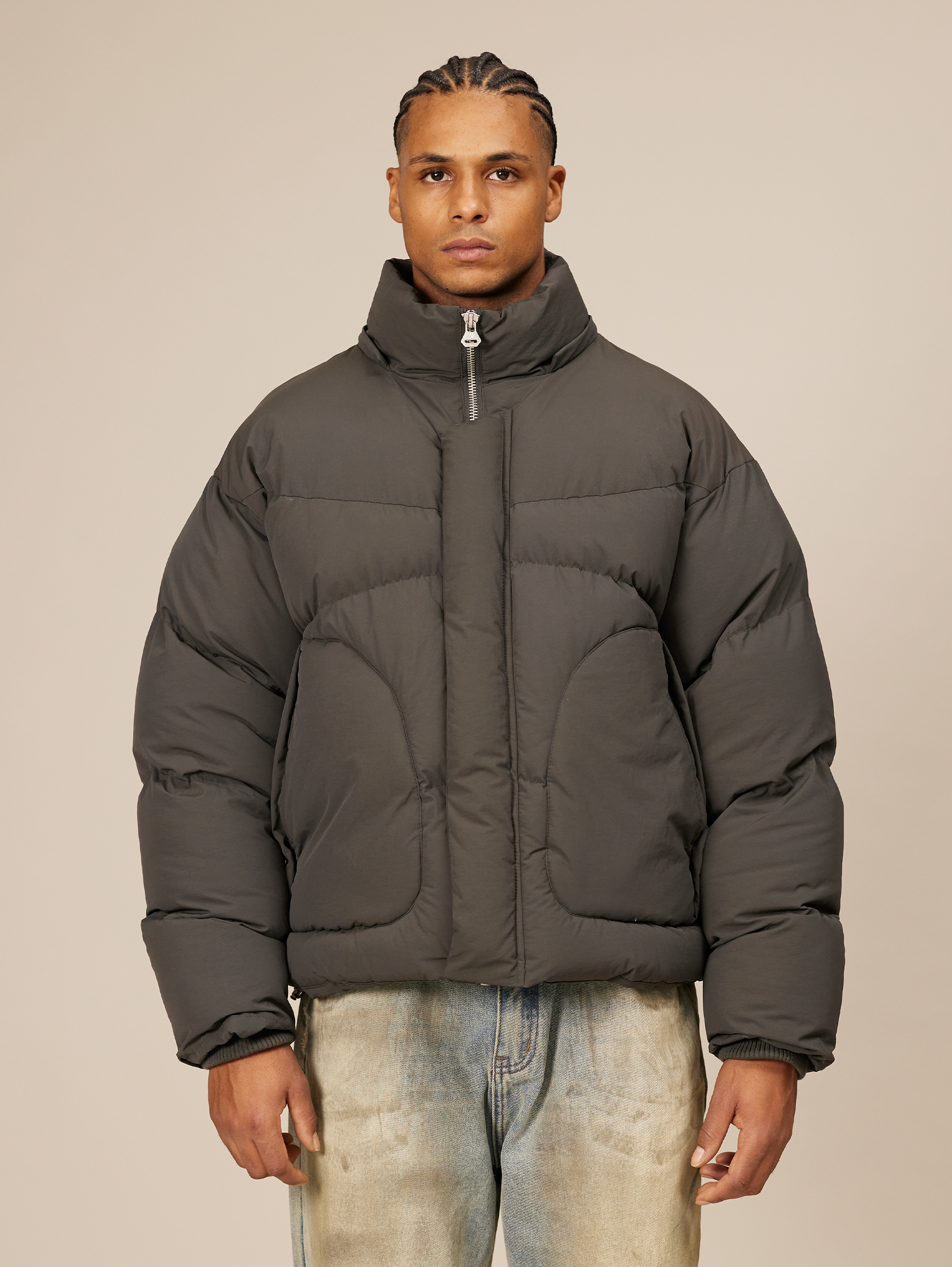 HOODED GRAY PUFFER JACKET DARK GREY OVERSIZED DROPPED SHOULDER