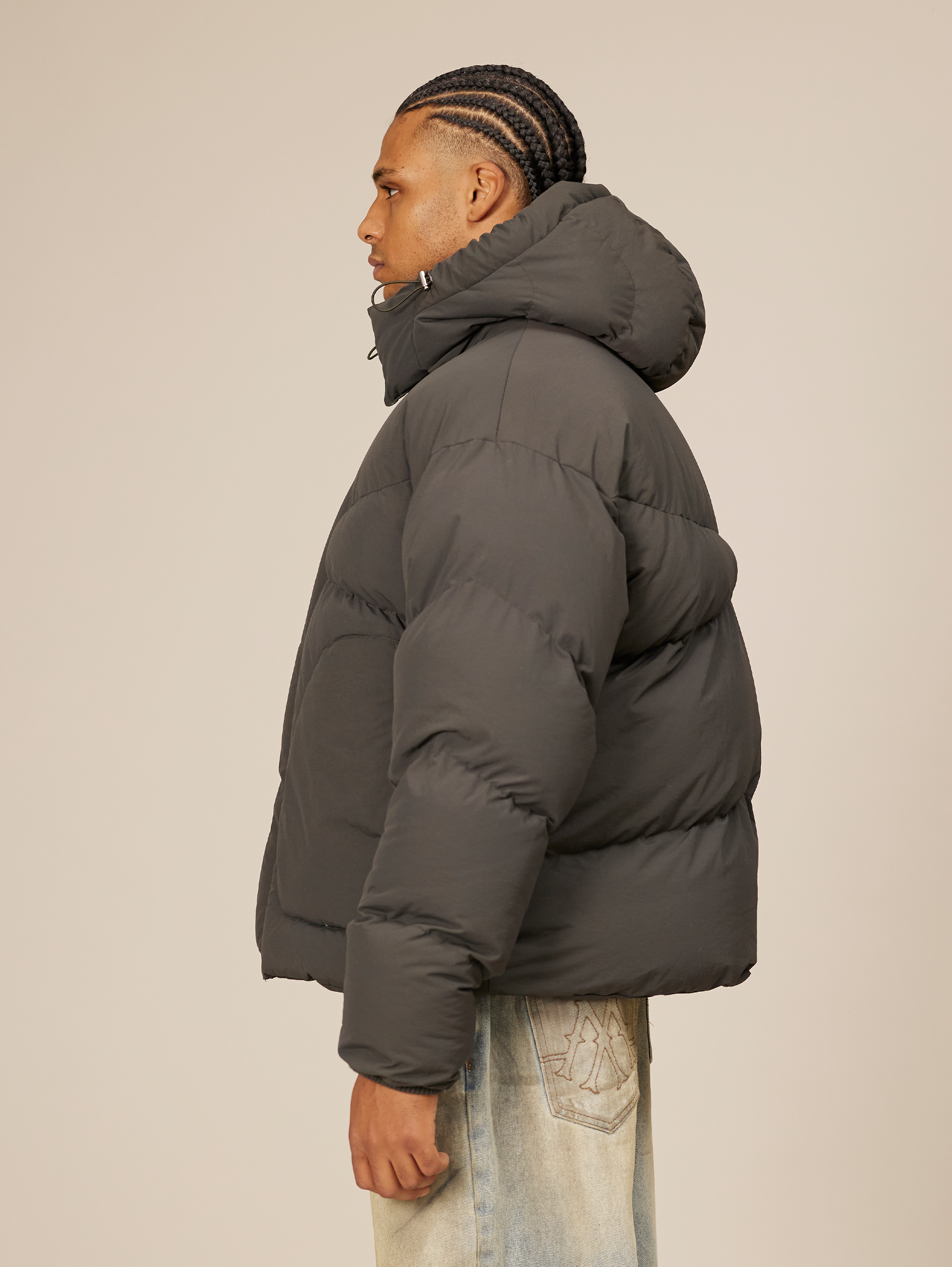 HOODED GRAY PUFFER JACKET DARK GREY OVERSIZED DROPPED SHOULDER