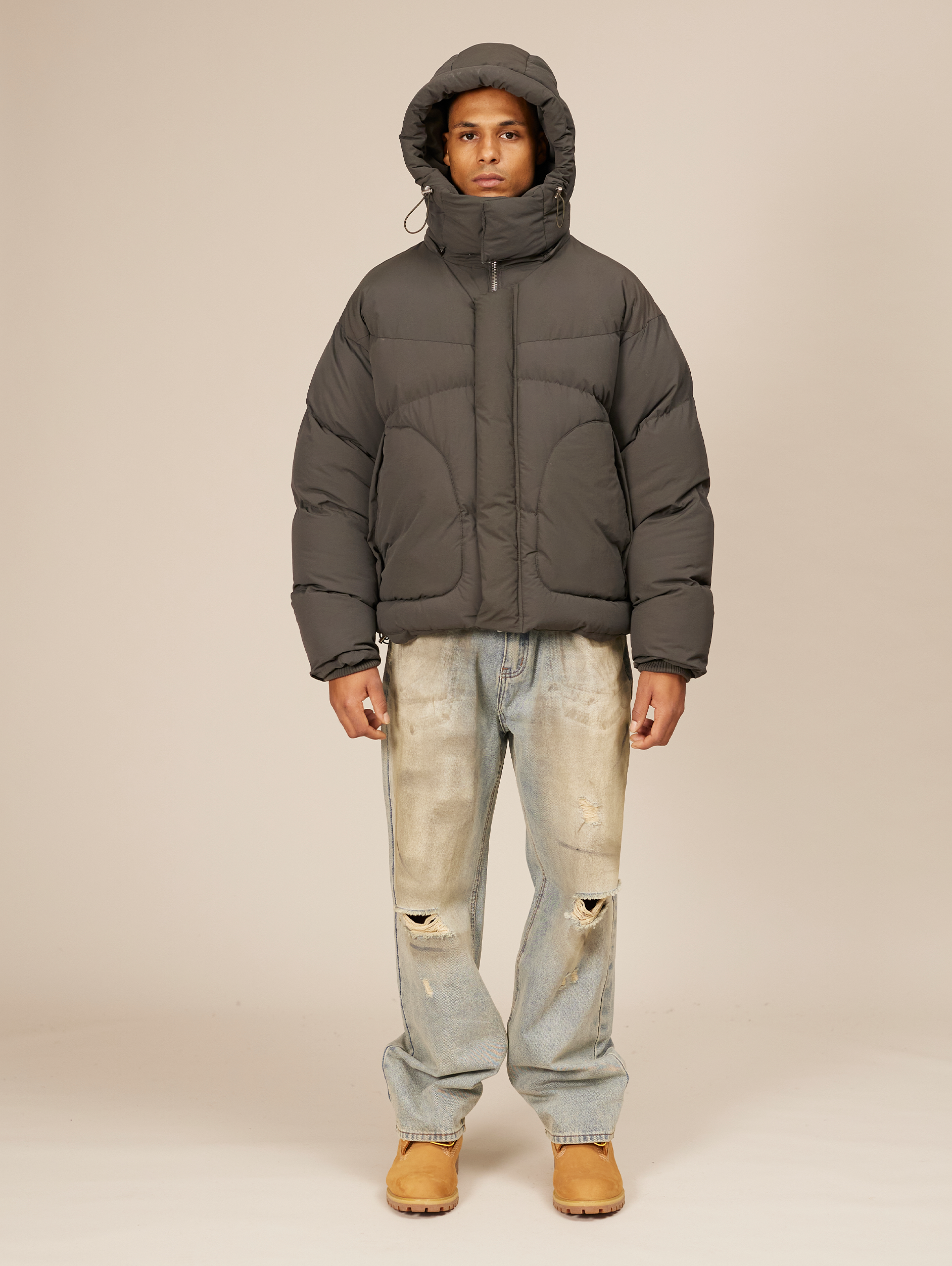 HOODED GRAY PUFFER JACKET DARK GREY OVERSIZED DROPPED SHOULDER