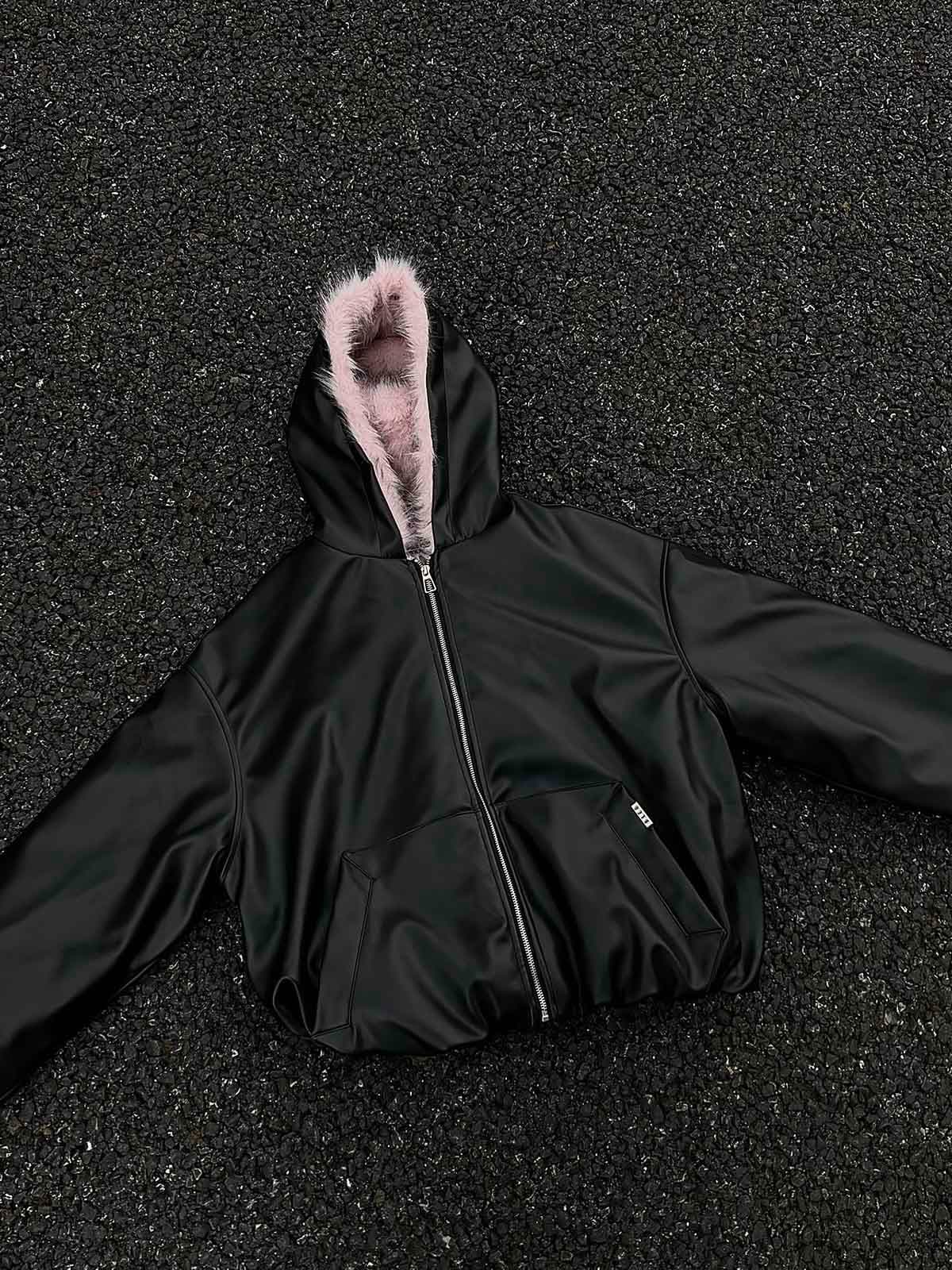 HOODED JACKET WITH PINK FAUX FUR LINING - STYLISH HOODED JACKET