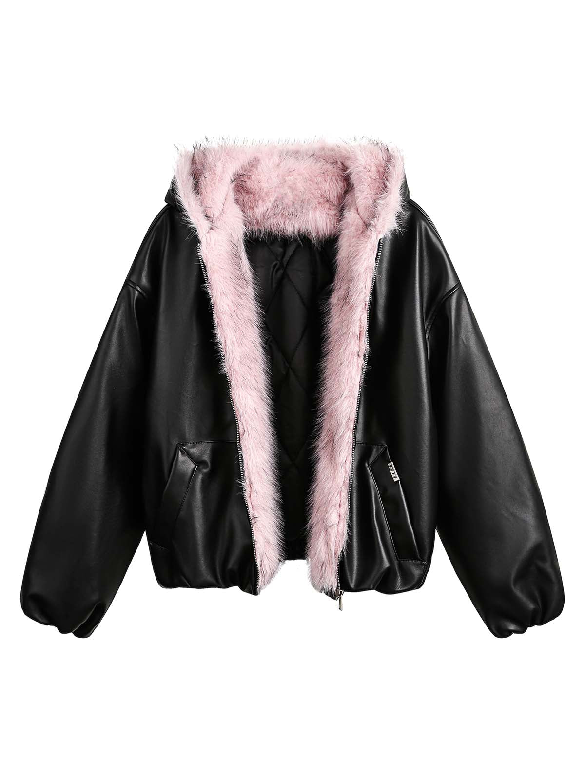 HOODED JACKET WITH PINK FAUX FUR LINING - STYLISH HOODED JACKET