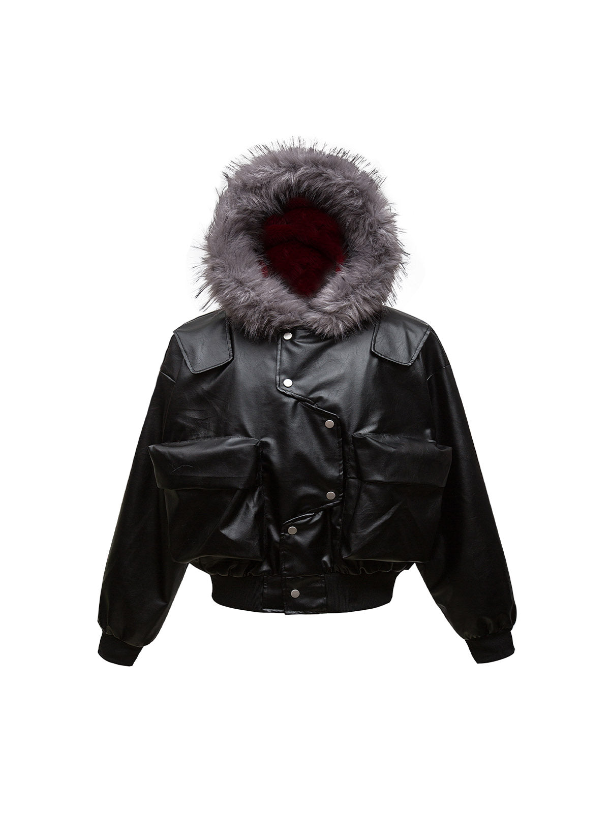 HOODED LONG SLEEVE BLACK LEATHER BOMBER JACKET WITH FUR-TRIMMED HOOD