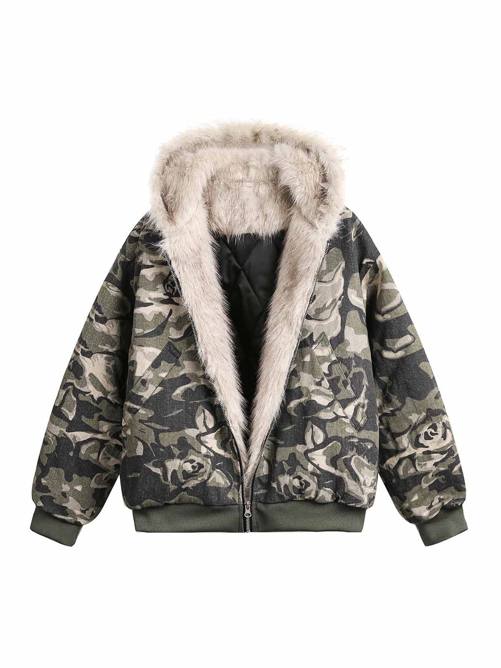 HOODED LONG SLEEVE CAMOUFLAGE JACKET WITH FUR-LINED HOOD