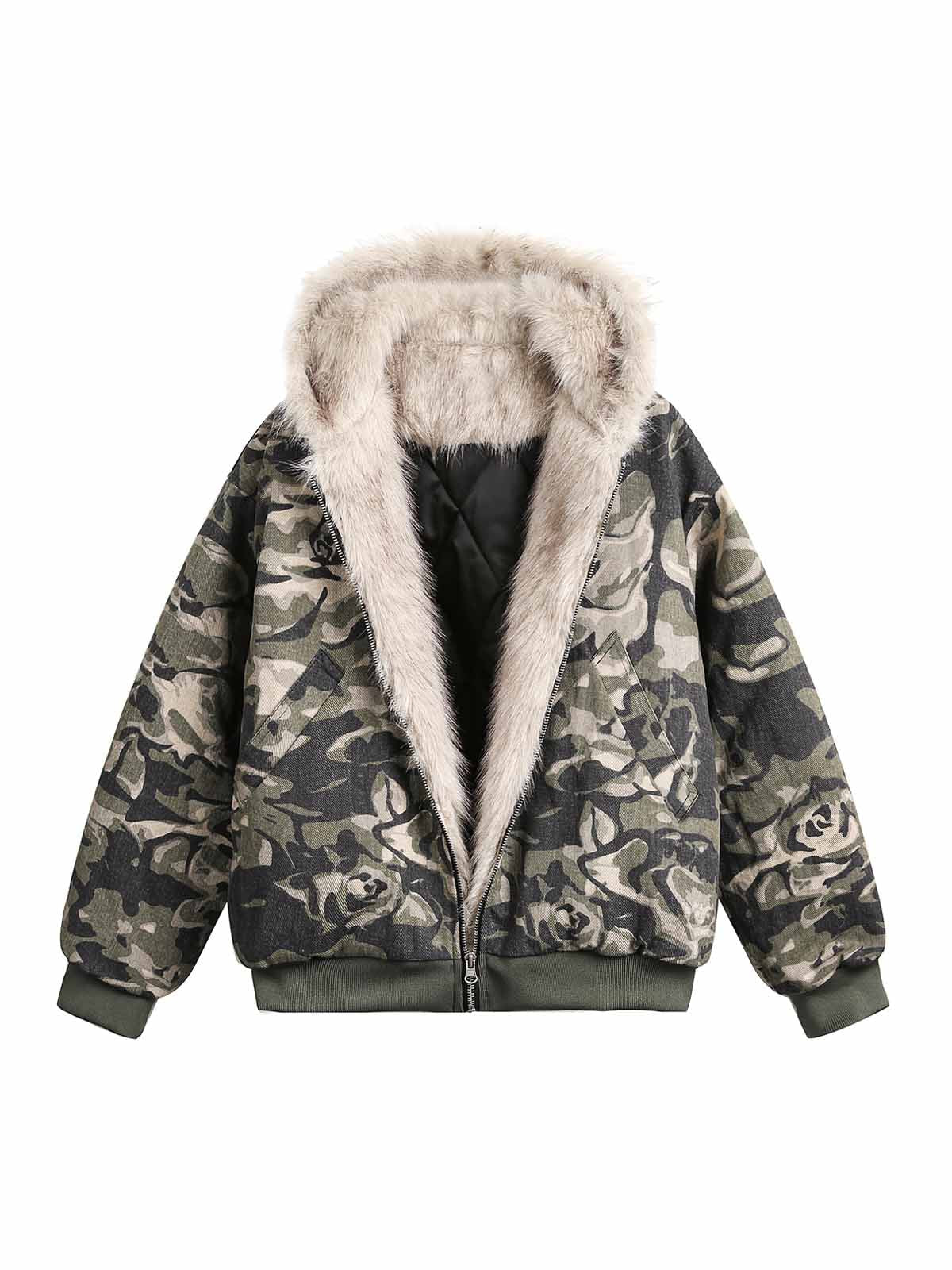 HOODED LONG SLEEVE CAMOUFLAGE JACKET WITH FUR-LINED HOOD