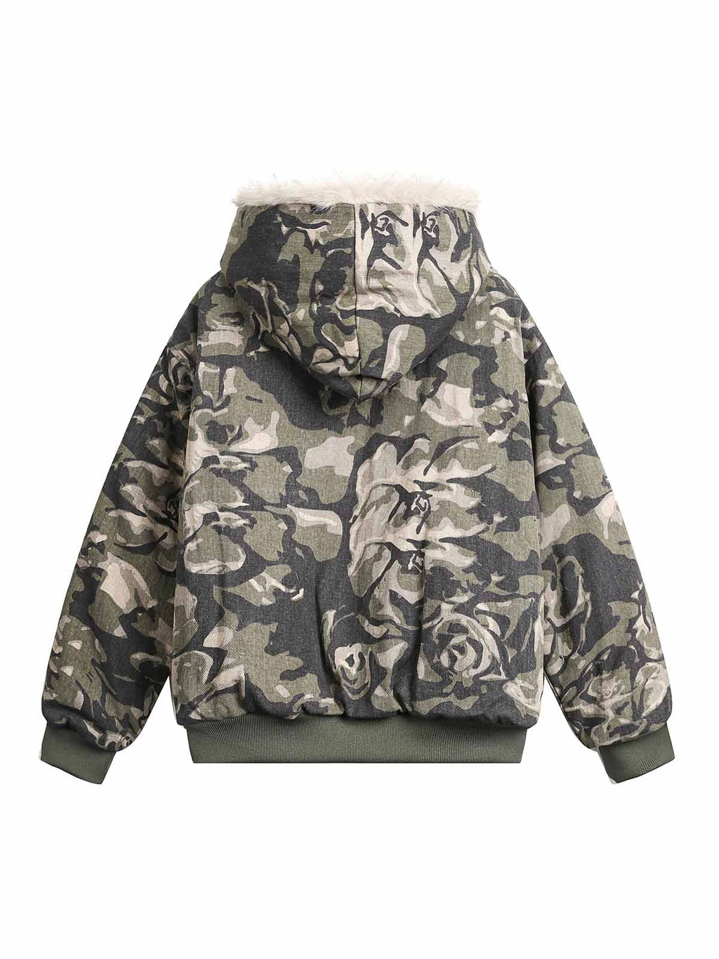 HOODED LONG SLEEVE CAMOUFLAGE JACKET WITH FUR-LINED HOOD