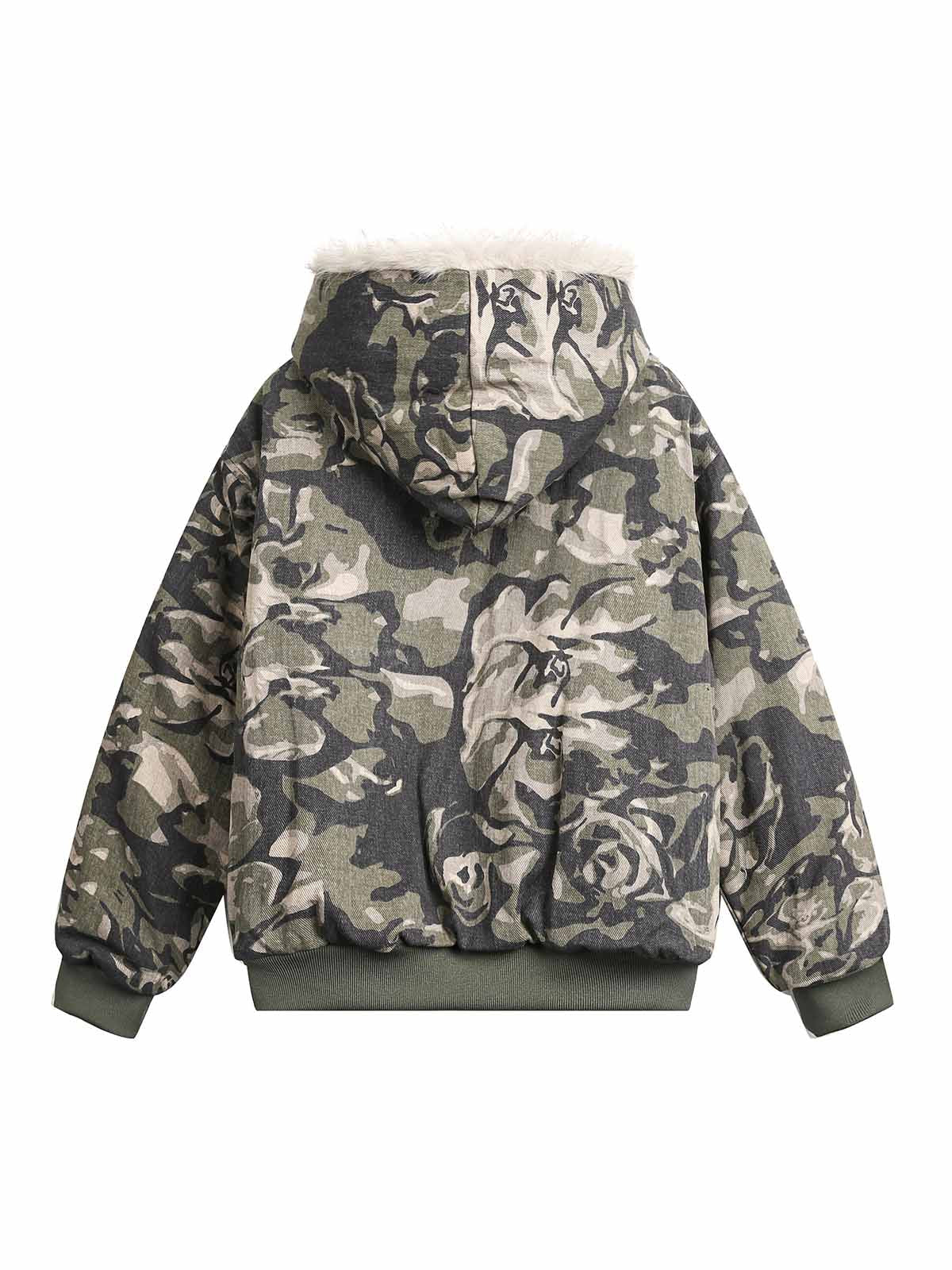 HOODED LONG SLEEVE CAMOUFLAGE JACKET WITH FUR-LINED HOOD