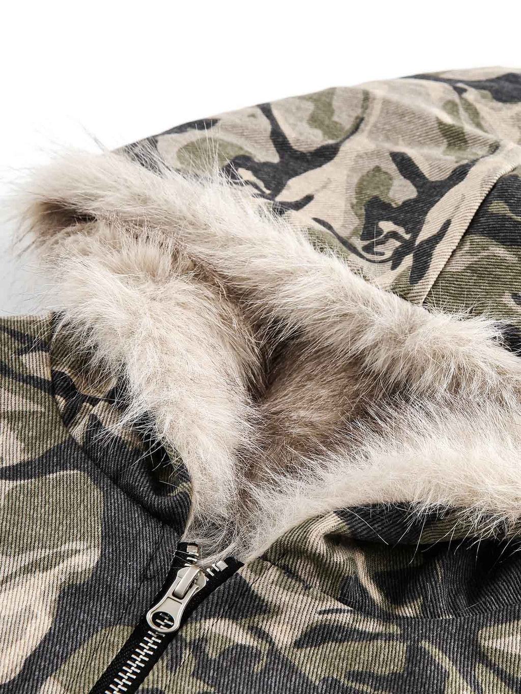 HOODED LONG SLEEVE CAMOUFLAGE JACKET WITH FUR-LINED HOOD