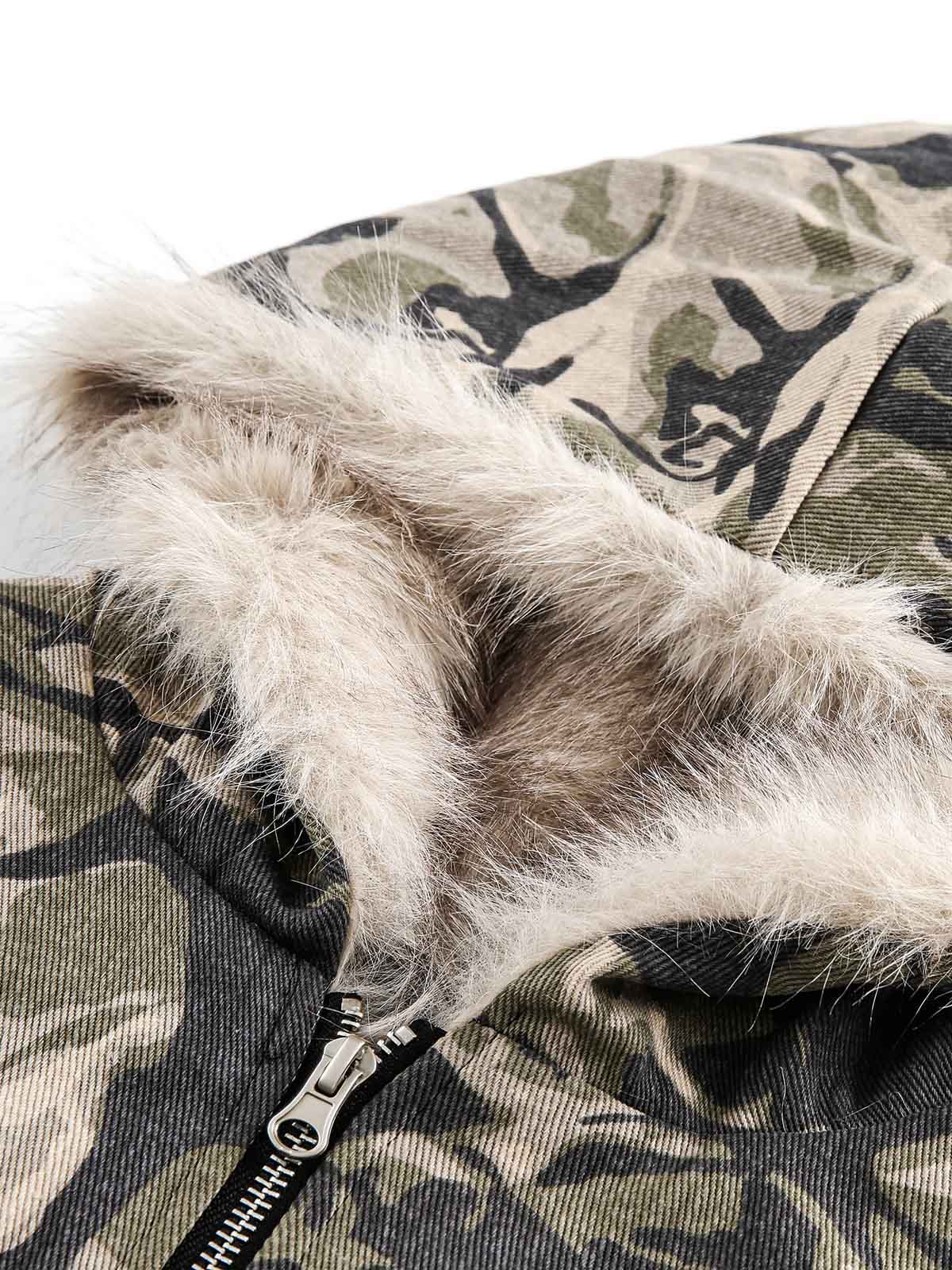 HOODED LONG SLEEVE CAMOUFLAGE JACKET WITH FUR-LINED HOOD