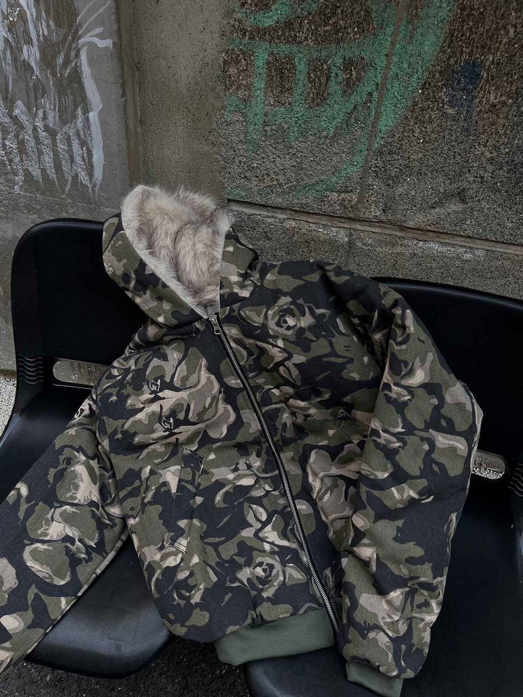 HOODED LONG SLEEVE CAMOUFLAGE JACKET WITH FUR-LINED HOOD