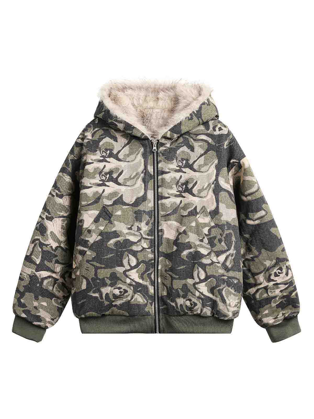HOODED LONG SLEEVE CAMOUFLAGE JACKET WITH FUR-LINED HOOD