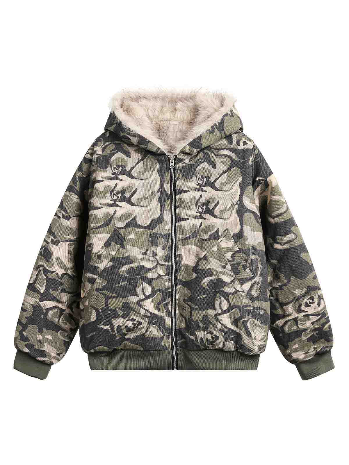 HOODED LONG SLEEVE CAMOUFLAGE JACKET WITH FUR-LINED HOOD