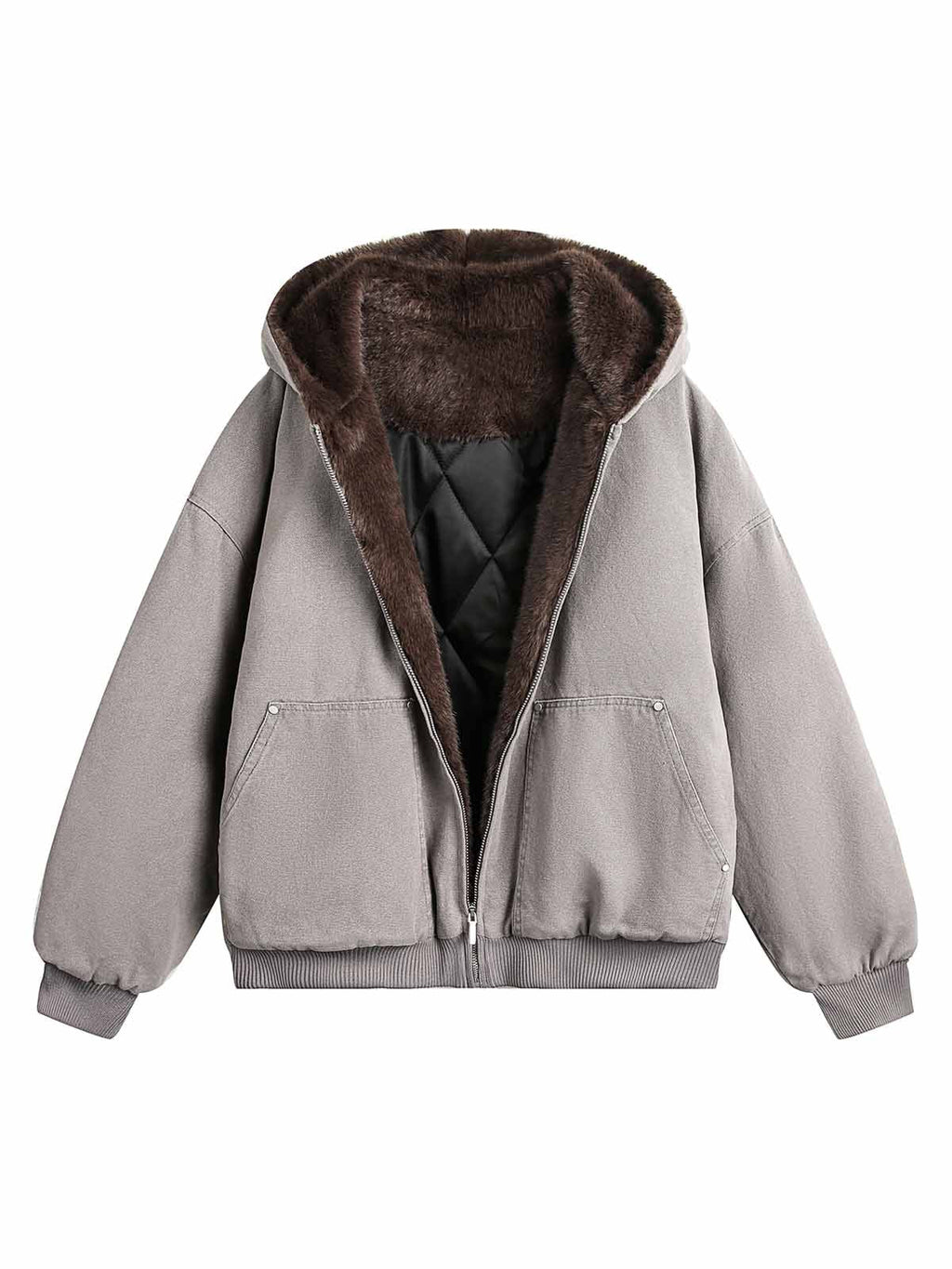 HOODED LONG SLEEVE JACKET WITH GRAY FAUX FUR LINING