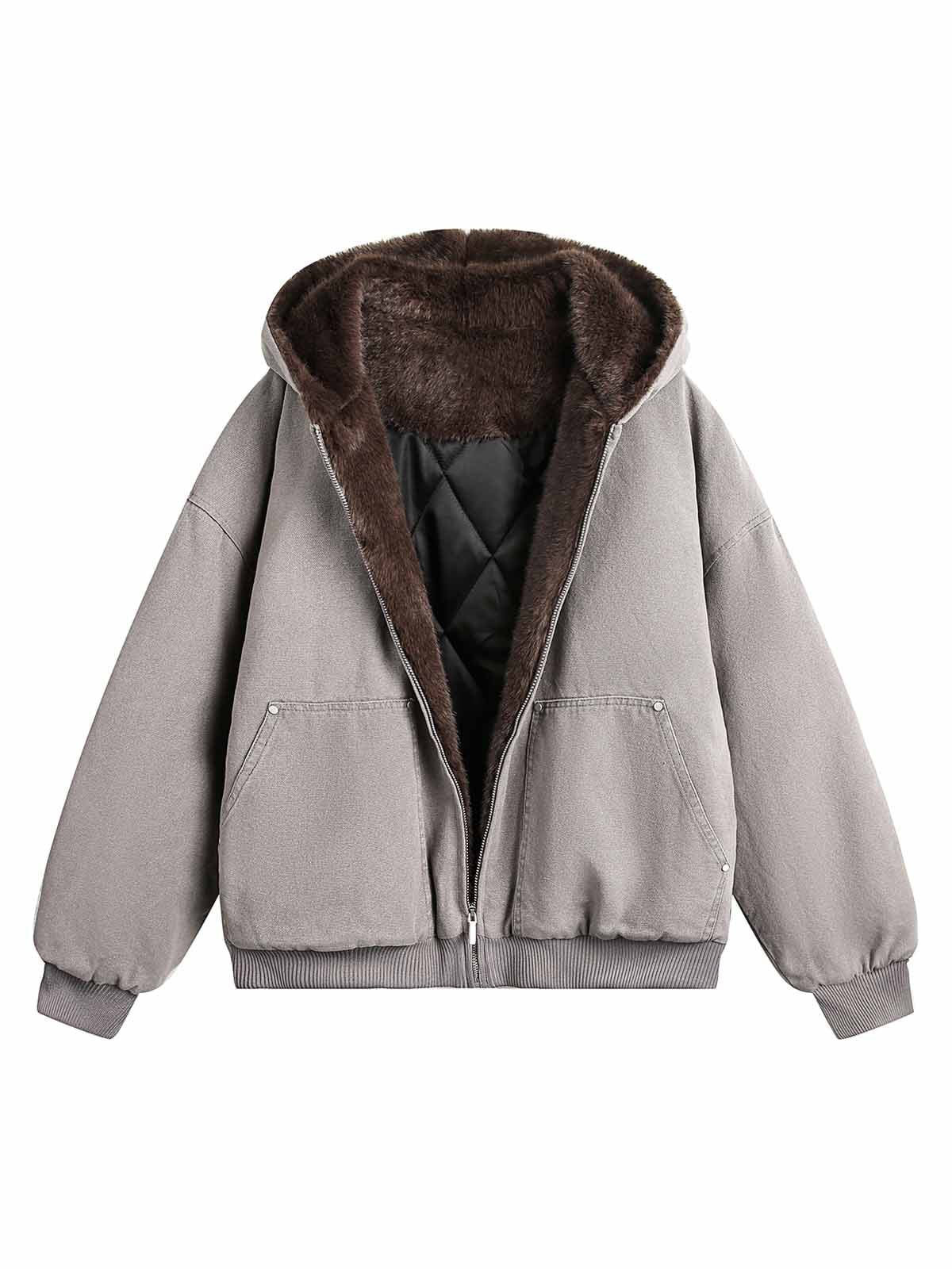 HOODED LONG SLEEVE JACKET WITH GRAY FAUX FUR LINING