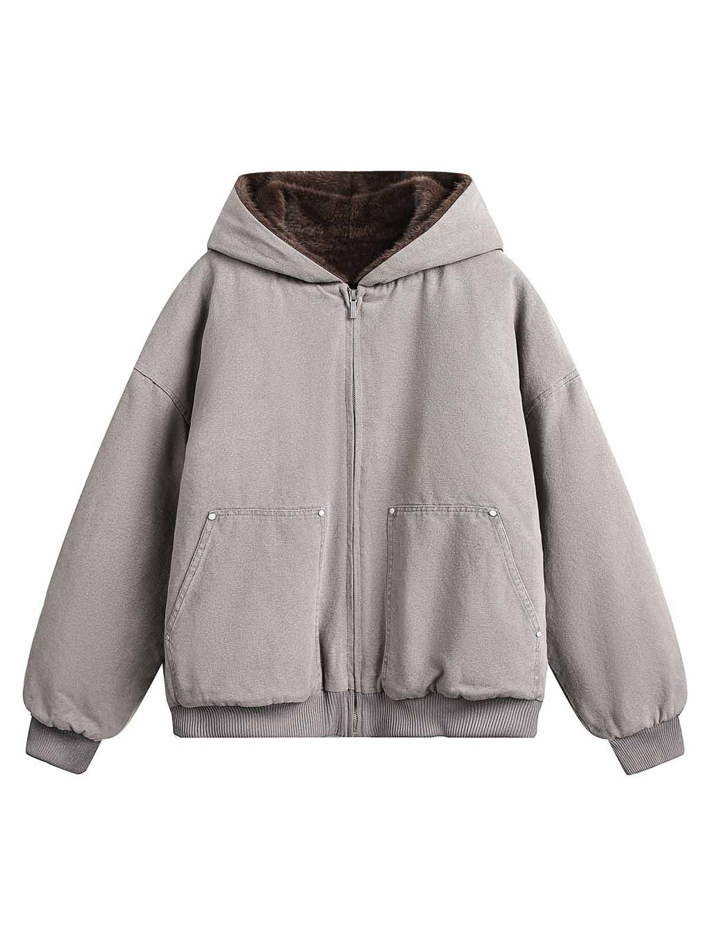 HOODED LONG SLEEVE JACKET WITH GRAY FAUX FUR LINING