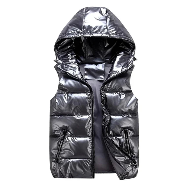 HOODED PUFFER VEST - SLEEVELESS PUFFY JACKET IN SHINY BLACK