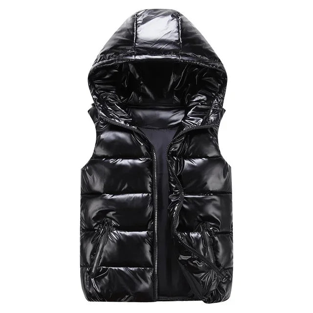 HOODED PUFFER VEST - SLEEVELESS PUFFY JACKET IN SHINY BLACK