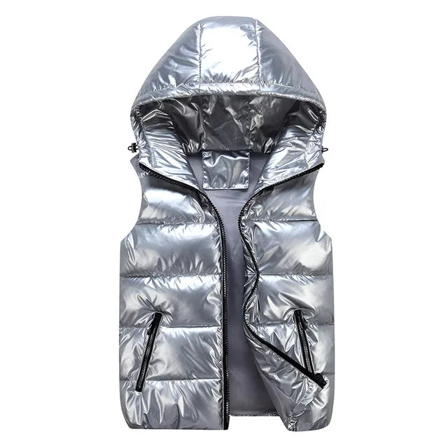 HOODED PUFFER VEST - SLEEVELESS PUFFY JACKET IN SHINY BLACK