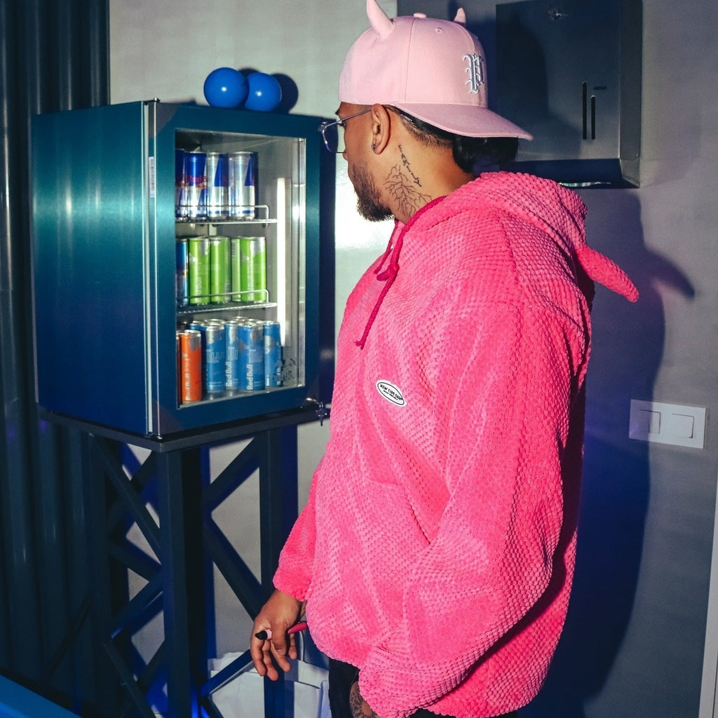 HOODED SWEATSHIRT FUZZY PINK WITH DEVIL HORNS HOODED DESIGN