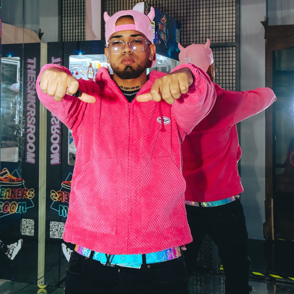 HOODED SWEATSHIRT FUZZY PINK WITH DEVIL HORNS HOODED DESIGN