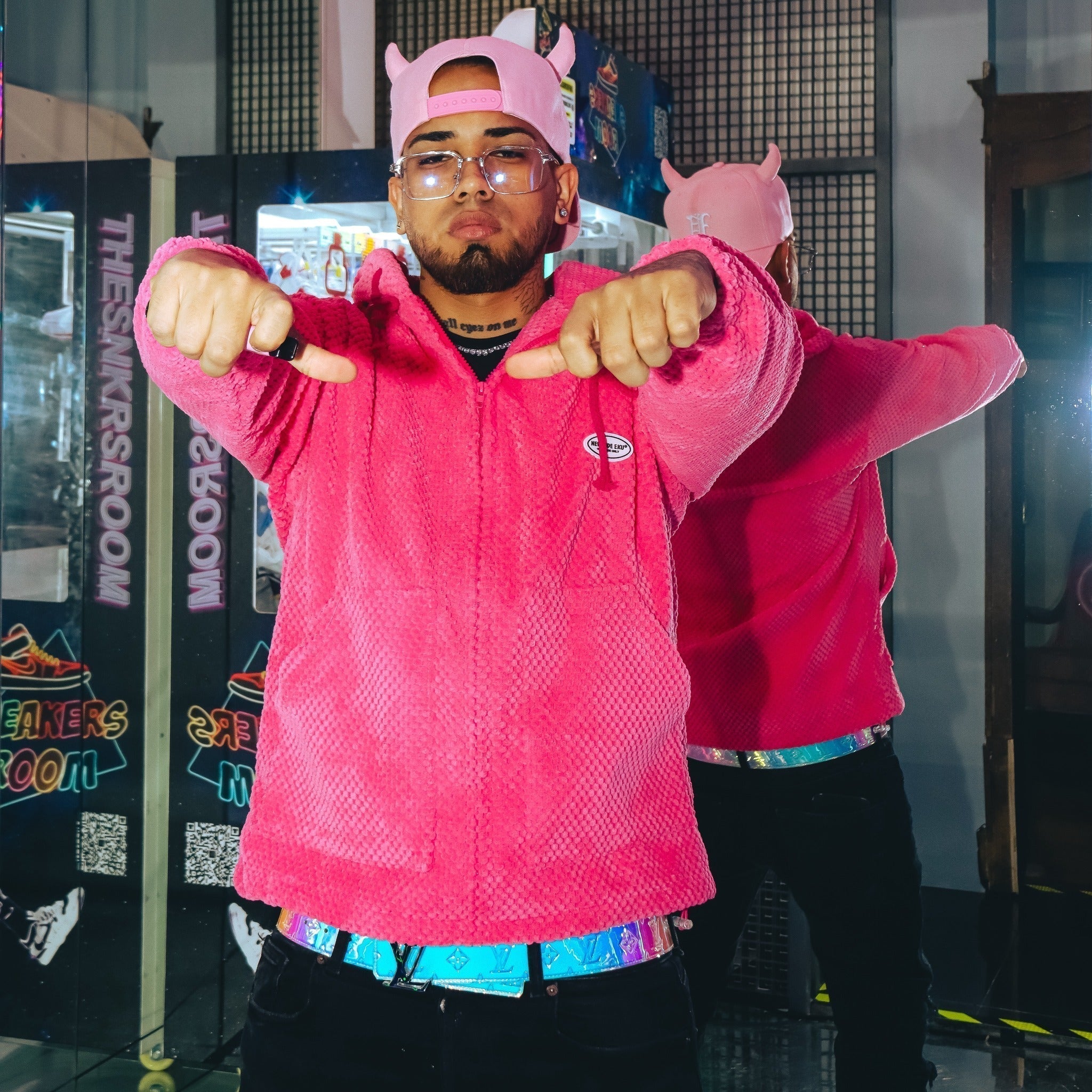 HOODED SWEATSHIRT FUZZY PINK WITH DEVIL HORNS HOODED DESIGN