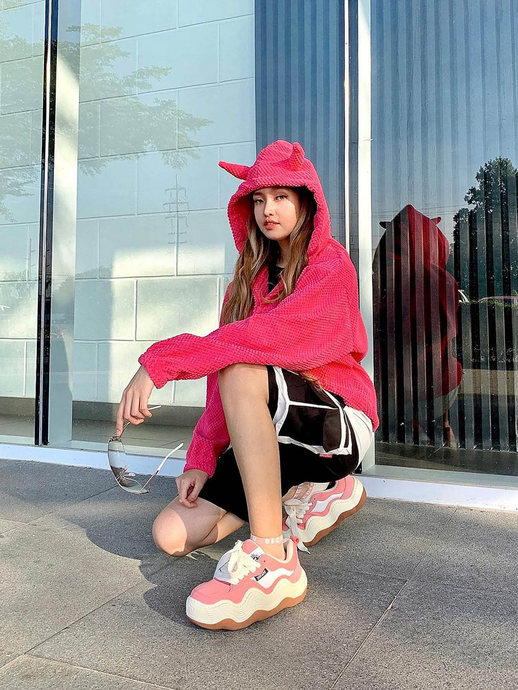 HOODED SWEATSHIRT FUZZY PINK WITH DEVIL HORNS HOODED DESIGN