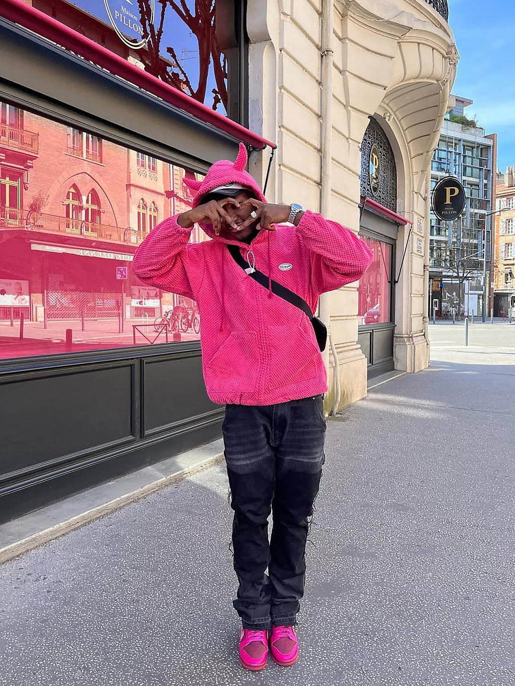 HOODED SWEATSHIRT FUZZY PINK WITH DEVIL HORNS HOODED DESIGN