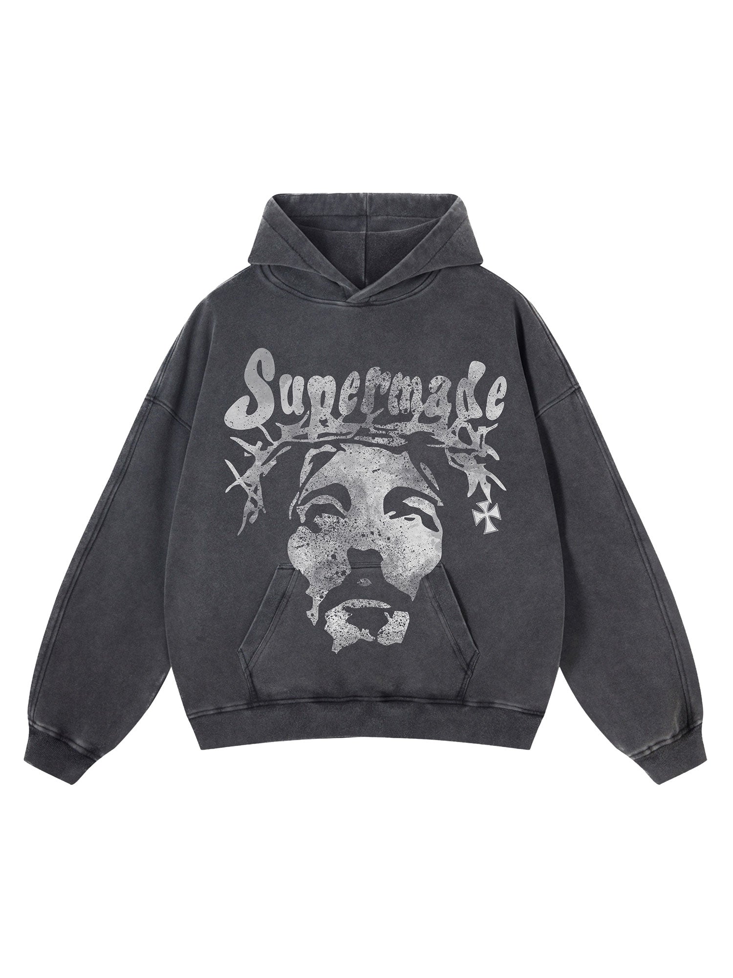 HOODED TERRY CLOTH PULLOVER WITH GRAPHIC PRINT IN GRAY