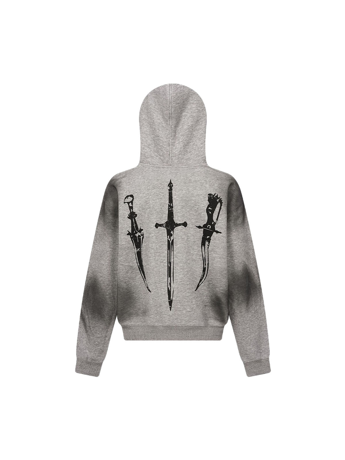 GRAY HOODED TERRY CLOTH PULLOVER WITH FUR TRIM AND GRAPHIC PRINTS