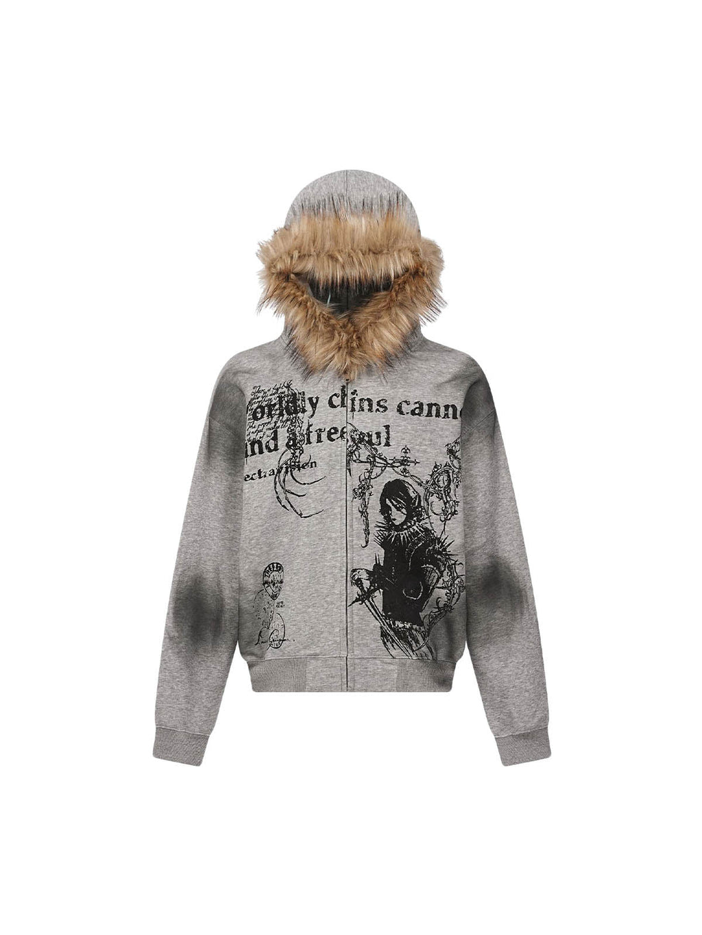 GRAY HOODED TERRY CLOTH PULLOVER WITH FUR TRIM AND GRAPHIC PRINTS