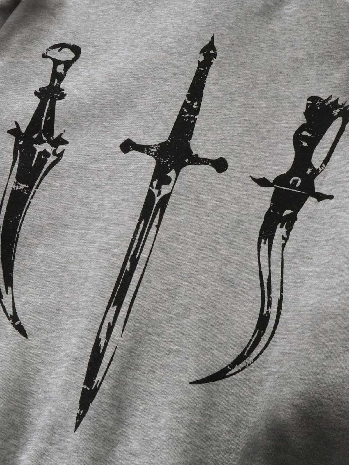 GRAY HOODED TERRY CLOTH PULLOVER WITH FUR TRIM AND GRAPHIC PRINTS