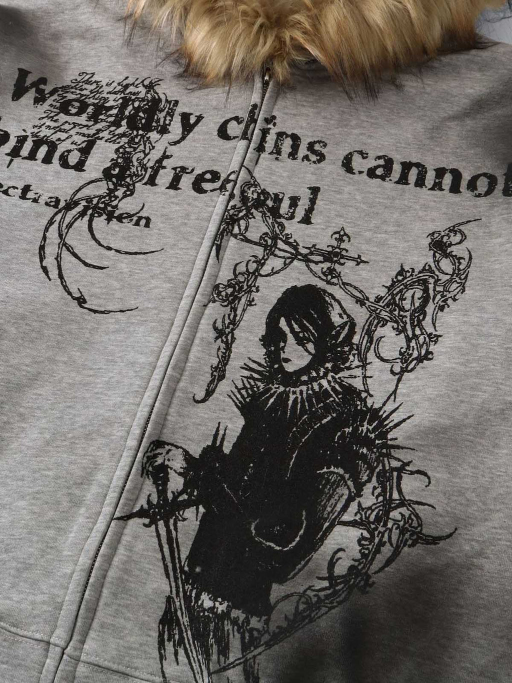 GRAY HOODED TERRY CLOTH PULLOVER WITH FUR TRIM AND GRAPHIC PRINTS