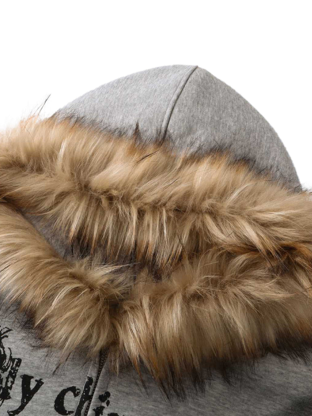 GRAY HOODED TERRY CLOTH PULLOVER WITH FUR TRIM AND GRAPHIC PRINTS