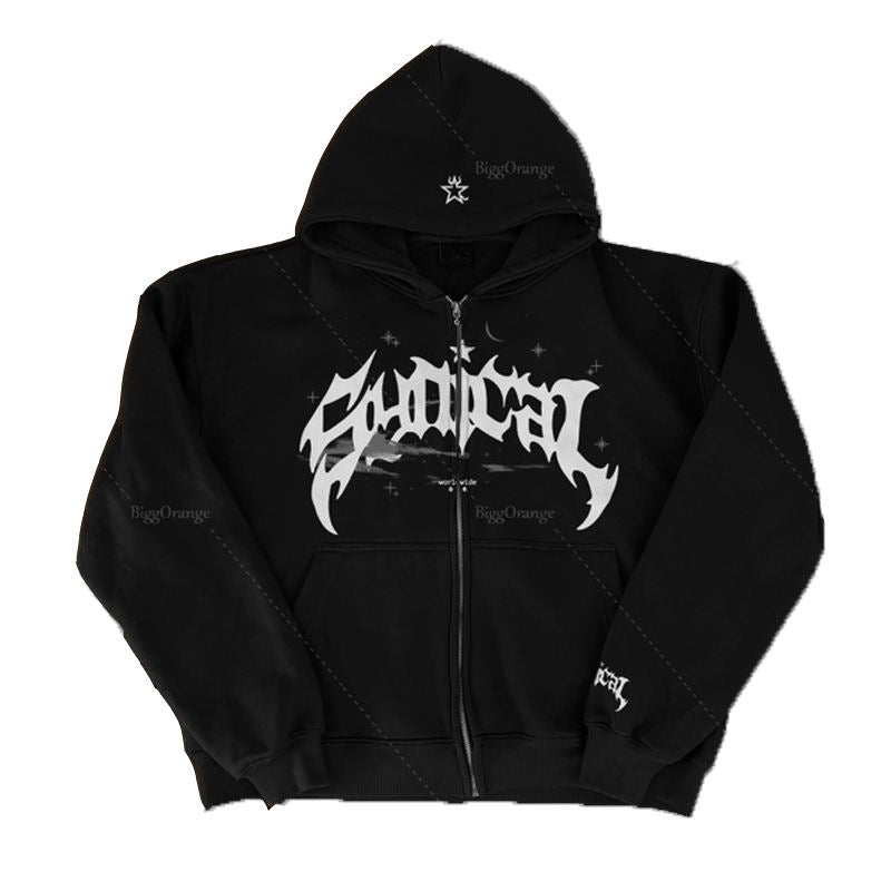 HOODED ZIP-UP SWEATSHIRT - GOTHIC VINTAGE ZIPPER DESIGN