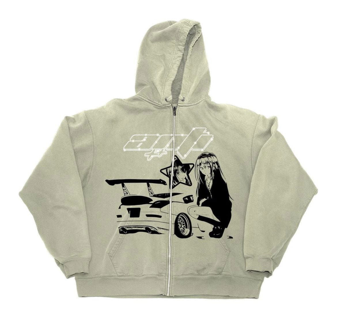 HOODED ZIP-UP SWEATSHIRT WITH ANIME AND CAR GRAPHIC ZIP ANTI DESIGN