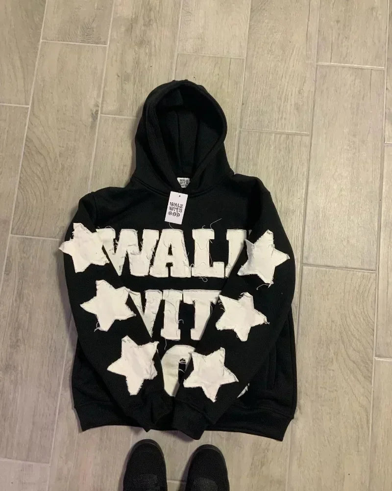 HOODIE WITH WHITE LETTERING AND STARS - HARAJUKU Y2K STAR