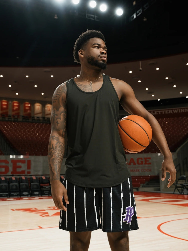 LIGHTNING BOLT BLACK SHORTS WITH PURPLE LOGO