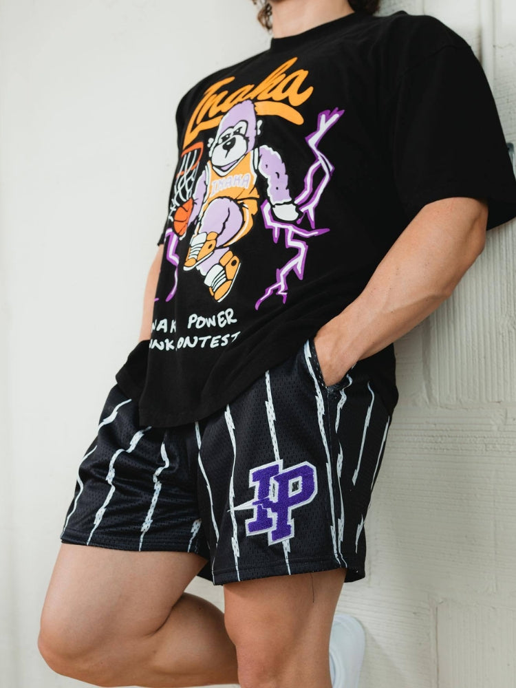 LIGHTNING BOLT BLACK SHORTS WITH PURPLE LOGO