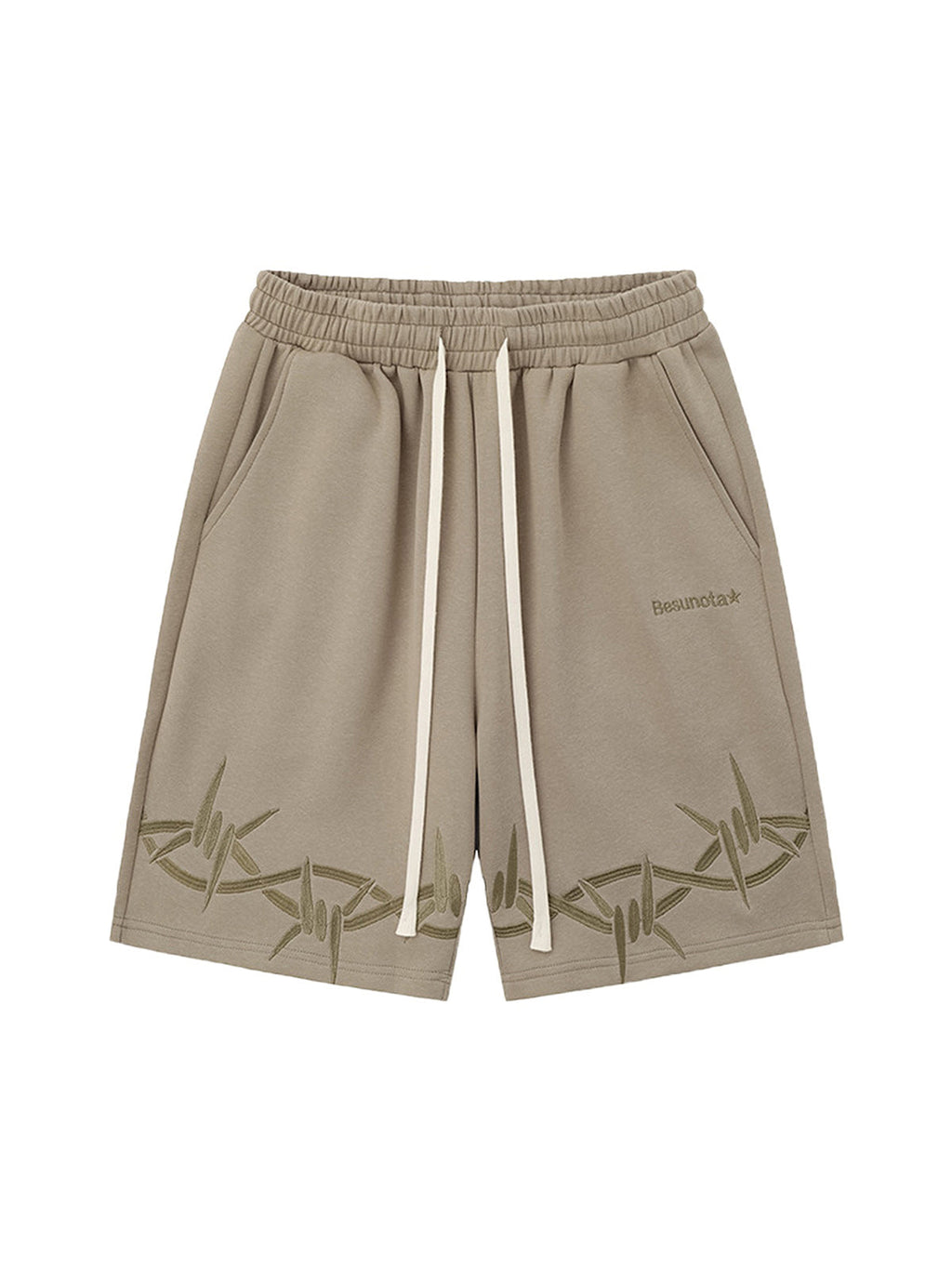 KHAKI BARBED WIRE SHORTS MID WAIST STRAIGHT LEG DESIGN