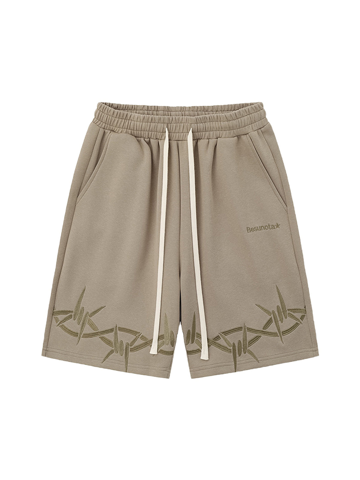 KHAKI BARBED WIRE SHORTS MID WAIST STRAIGHT LEG DESIGN