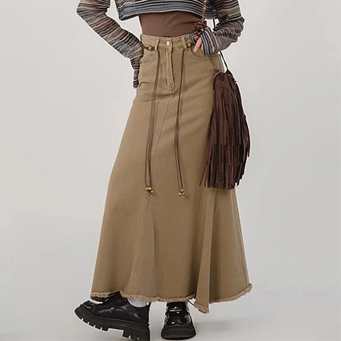 KHAKI DENIM MAXI SKIRT: FITS HIPS MEASURING