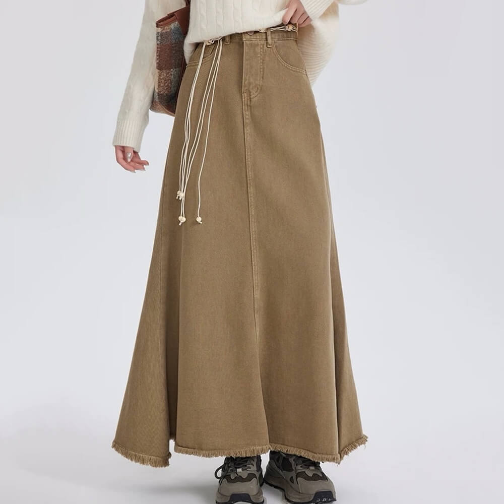 KHAKI DENIM MAXI SKIRT: FITS HIPS MEASURING