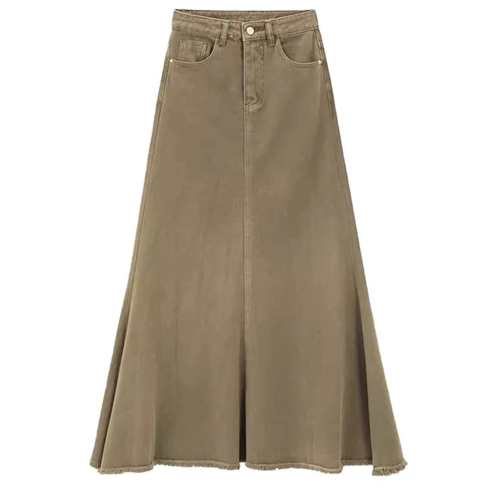 KHAKI DENIM MAXI SKIRT: FITS HIPS MEASURING