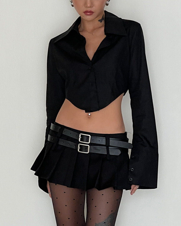 KHAKI PLEATED MINI SKIRT WITH BLACK BELTS FOR WOMEN
