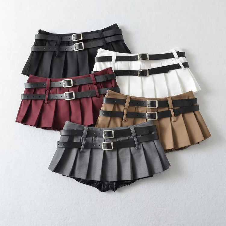 KHAKI PLEATED MINI SKIRT WITH BLACK BELTS FOR WOMEN